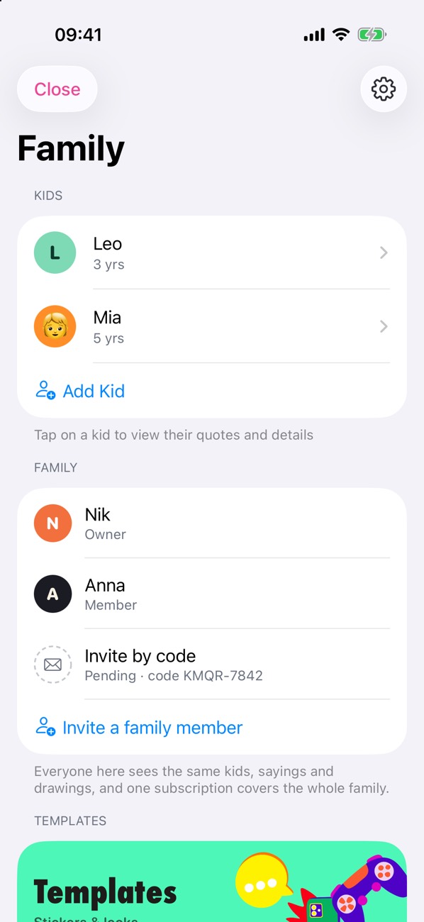The Family page in Cuote with two kids and the adults who share their memories