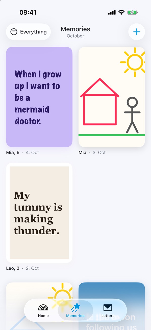 Kids’ drawings and sayings side by side in Cuote’s Memories, grouped by month