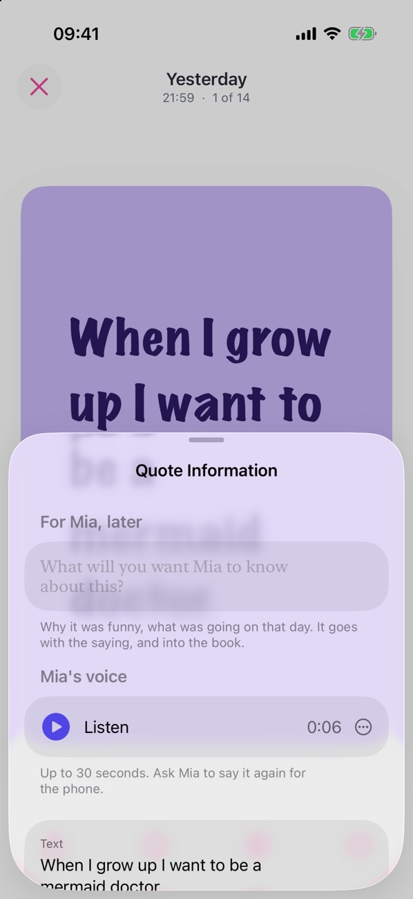 A recording of a child’s voice attached to a saying in Cuote
